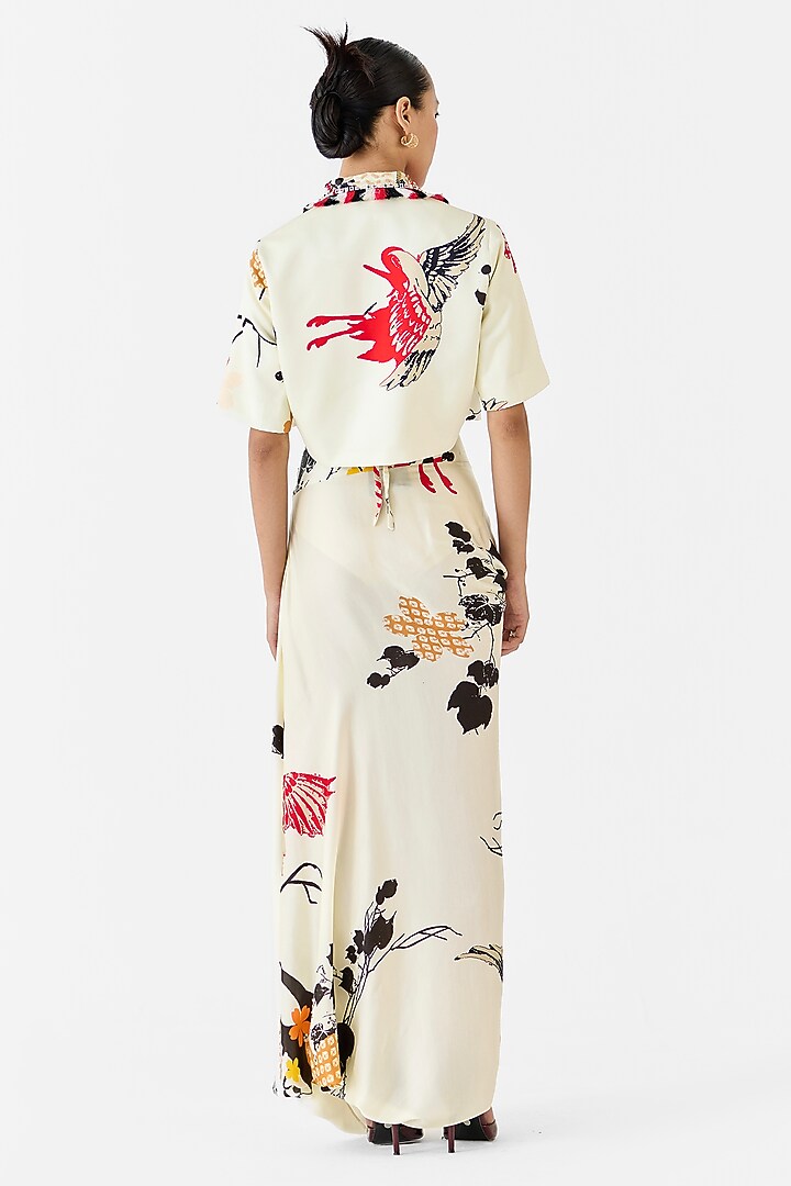 Cream Vegan Silk Digital Printed Draped Skirt Set by Studio Rigu at Pernia's Pop Up Shop