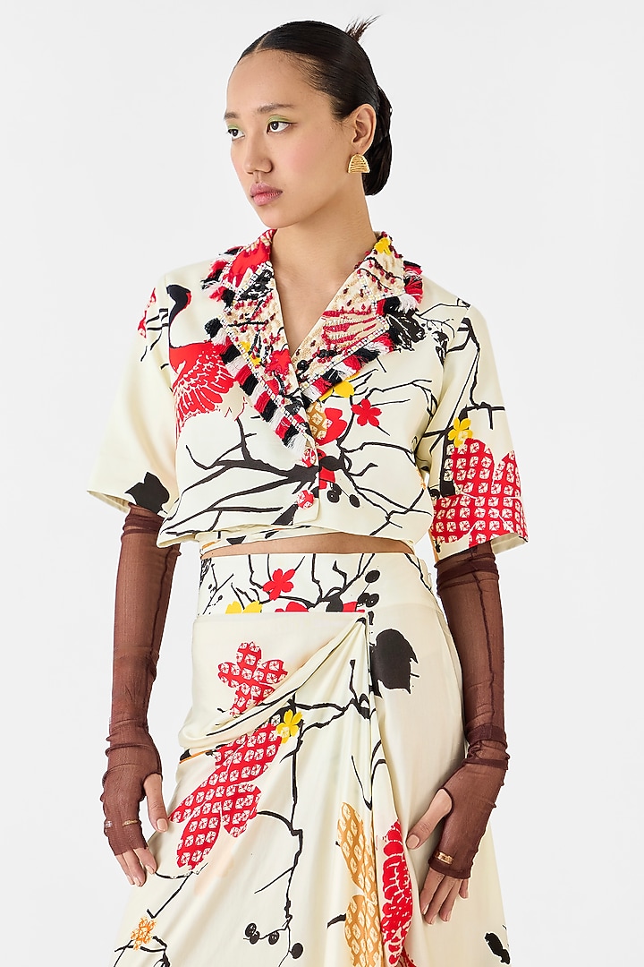 Cream Vegan Silk Digital Printed Draped Skirt Set by Studio Rigu at Pernia's Pop Up Shop
