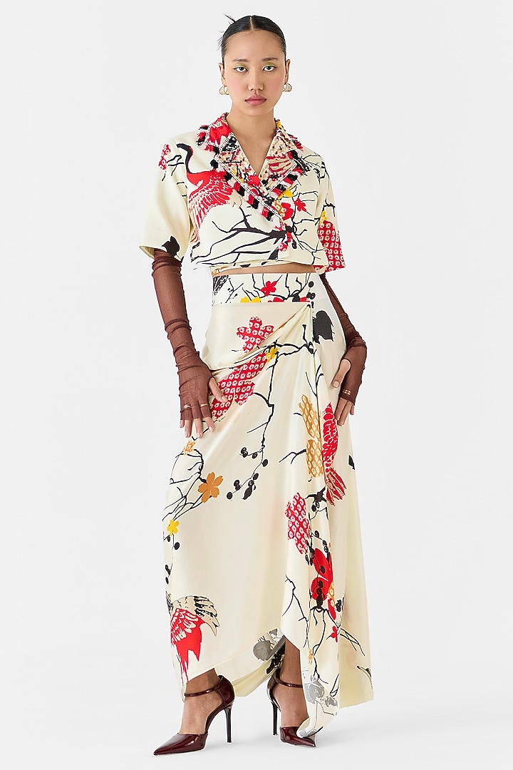 Cream Vegan Silk Digital Printed Draped Skirt Set by Studio Rigu at Pernia's Pop Up Shop