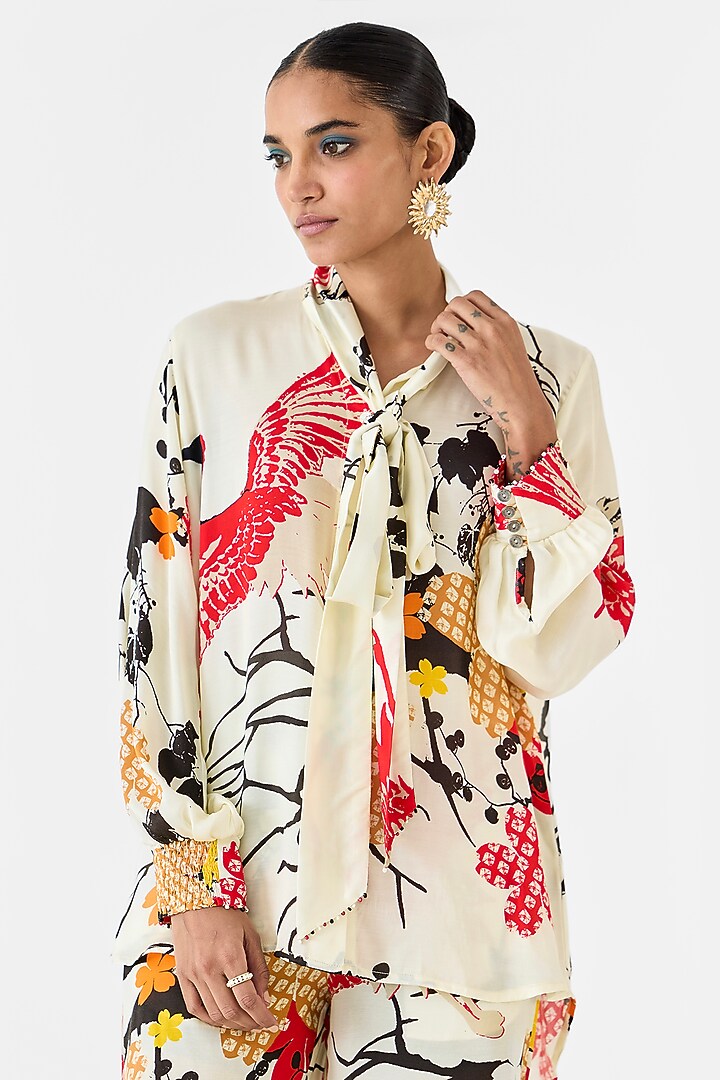 Cream Vegan Silk Digital Printed Co-Ord Set by Studio Rigu at Pernia's Pop Up Shop