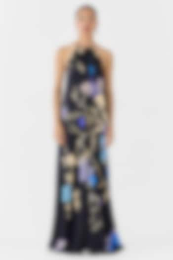 Black Vegan Silk Shibori Digital Printed Halter Dress by Studio Rigu at Pernia's Pop Up Shop