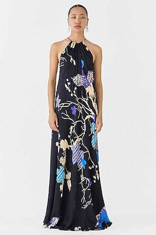 Black Vegan Silk Shibori Digital Printed Halter Dress by Studio Rigu
