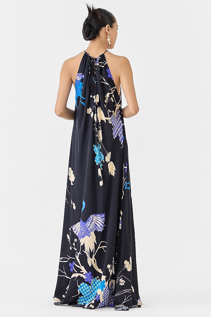 Black Vegan Silk Shibori Digital Printed Halter Vacation Dress by Studio Rigu at Pernia's Pop Up Shop
