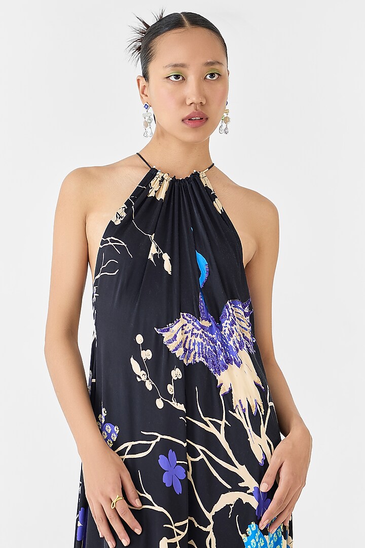 Black Vegan Silk Shibori Digital Printed Halter Vacation Dress by Studio Rigu at Pernia's Pop Up Shop