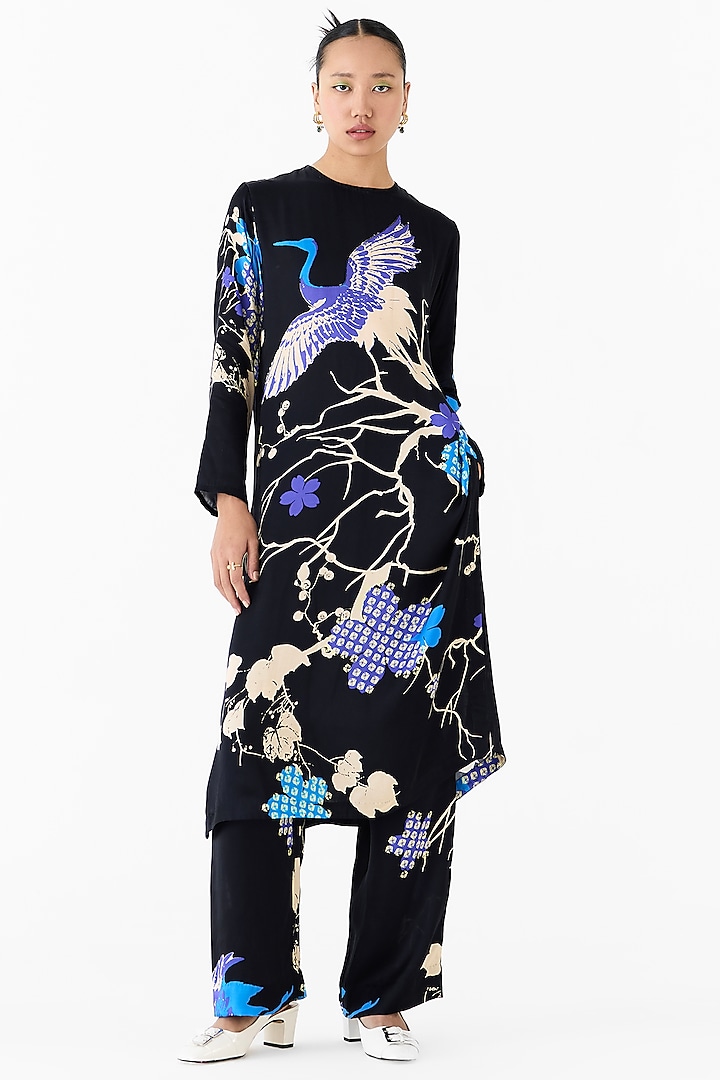 Black Vegan Silk Shibori Digital Printed Co-Ord Set by Studio Rigu at Pernia's Pop Up Shop