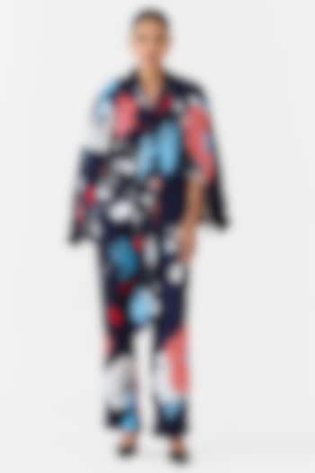 Navy Blue Vegan Silk Digital Printed Jacket by Studio Rigu at Pernia's Pop Up Shop