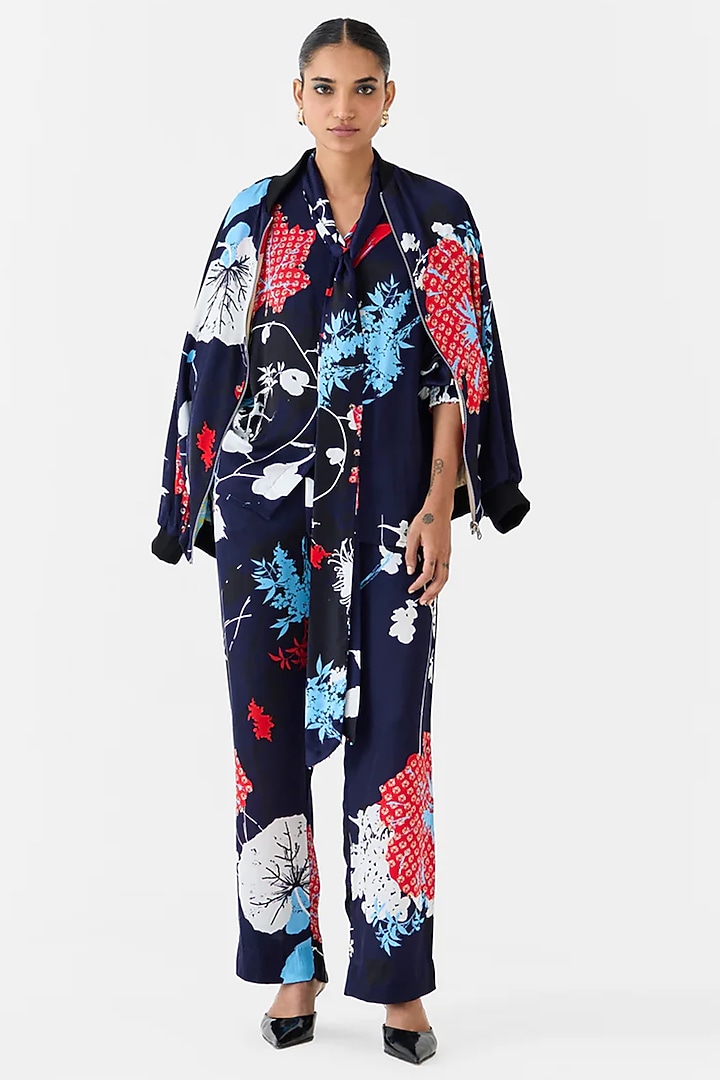 Navy Blue Vegan Silk Digital Printed Jacket by Studio Rigu at Pernia's Pop Up Shop