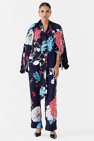 Navy Blue Vegan Silk Digital Printed Jacket by Studio Rigu