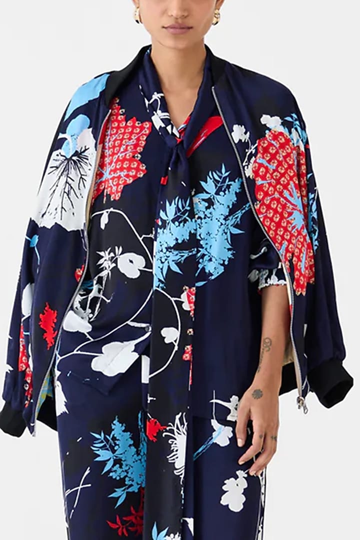 Navy Blue Vegan Silk Digital Printed Jacket by Studio Rigu at Pernia's Pop Up Shop