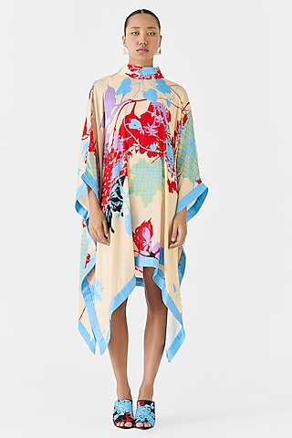 Cream Vegan Silk Shibori Digital Printed Kimono Dress by Studio Rigu