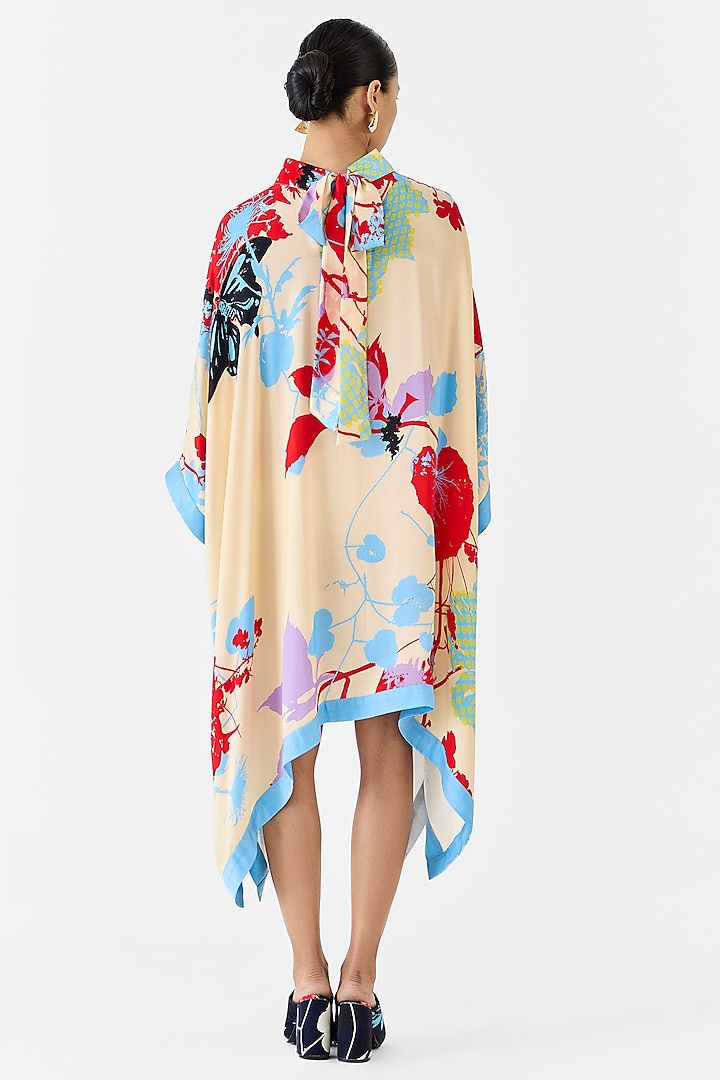 Cream Vegan Silk Shibori Digital Printed Kimono Summer Dress by Studio Rigu at Pernia's Pop Up Shop