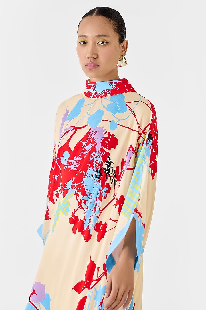 Cream Vegan Silk Shibori Digital Printed Kimono Summer Dress by Studio Rigu at Pernia's Pop Up Shop