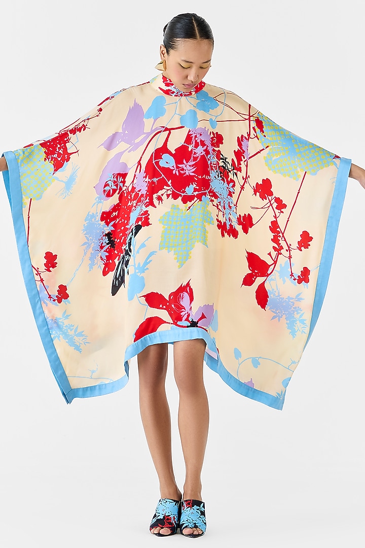 Cream Vegan Silk Shibori Digital Printed Kimono Summer Dress by Studio Rigu at Pernia's Pop Up Shop