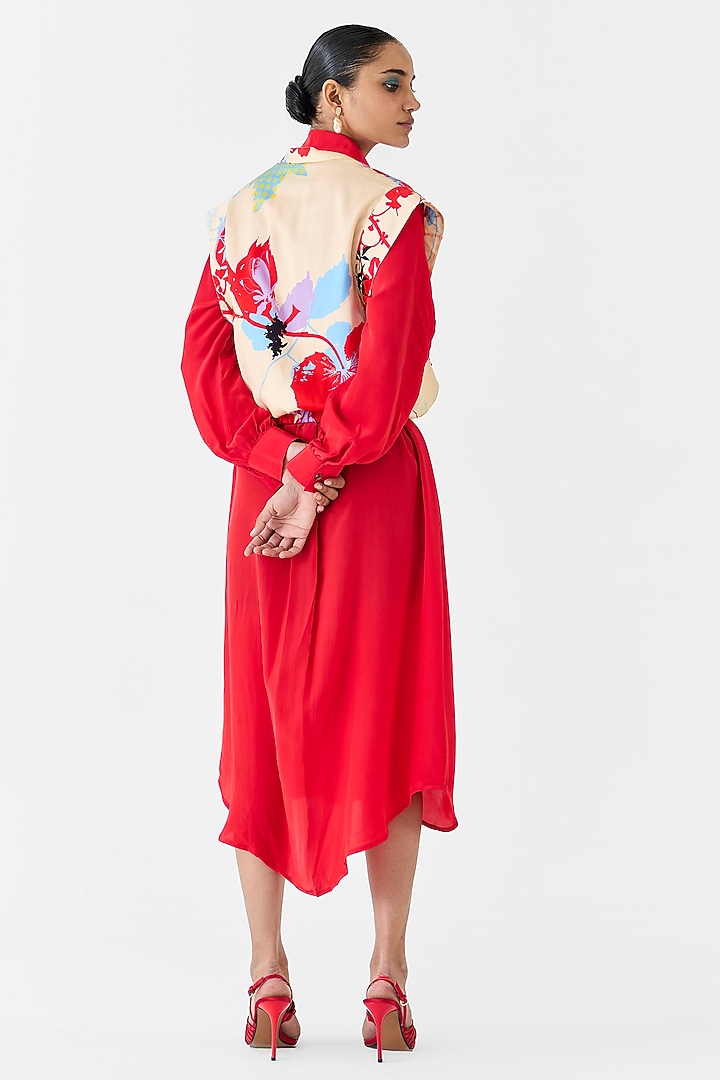 Red Vegan Silk Vacation Shirt Dress With Bolero Jacket by Studio Rigu at Pernia's Pop Up Shop