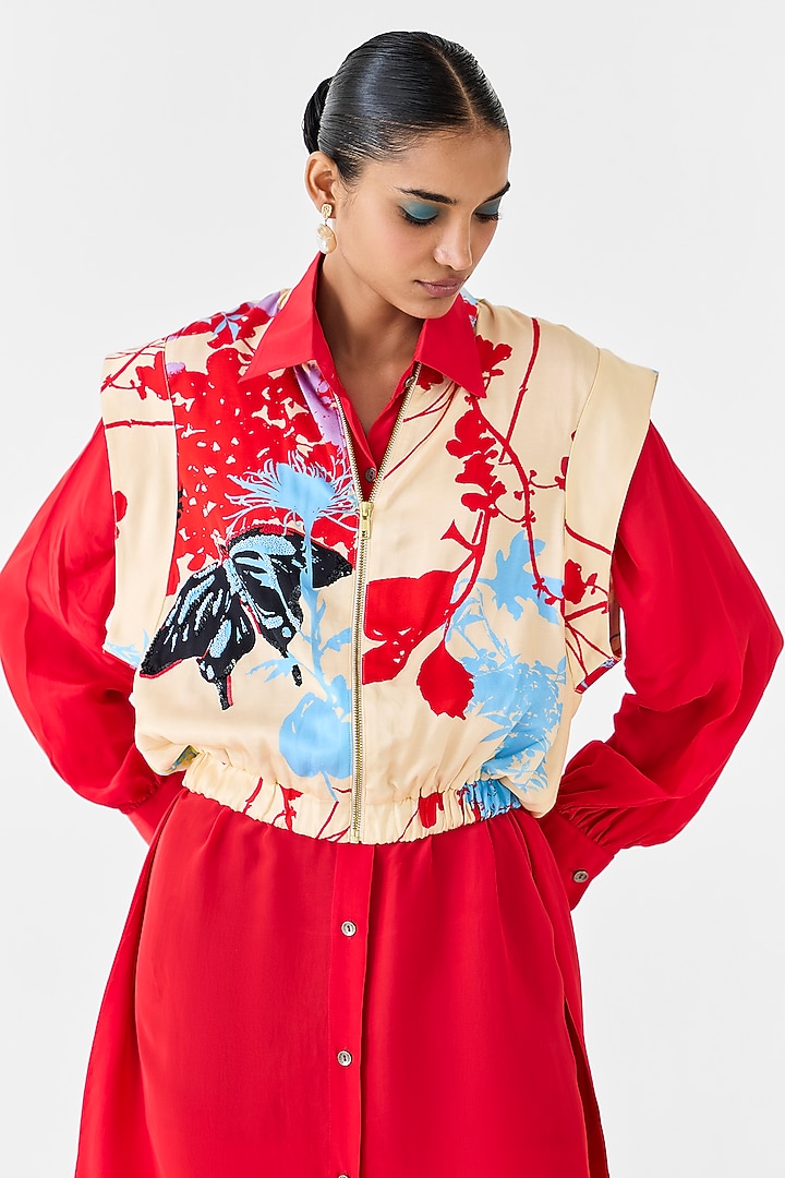 Red Vegan Silk Vacation Shirt Dress With Bolero Jacket by Studio Rigu at Pernia's Pop Up Shop