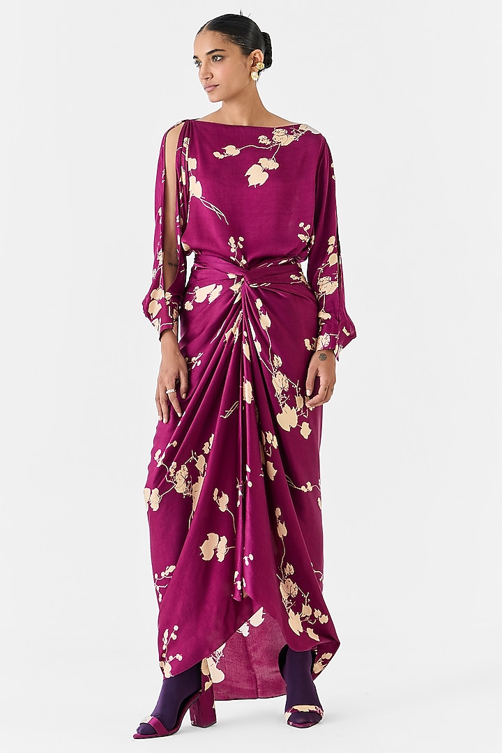 Plum Vegan Silk Shibori Digital Printed Draped Shirt Dress by Studio Rigu at Pernia's Pop Up Shop