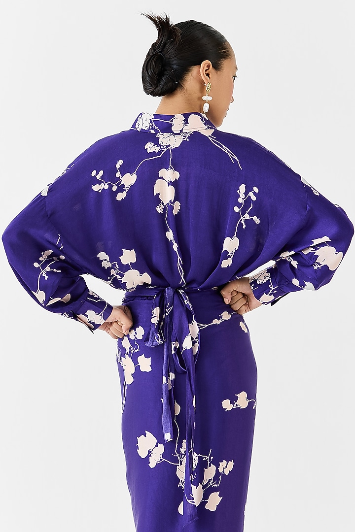 Violet Vegan Silk Shibori Digital Printed Draped Summer Shirt Dress by Studio Rigu at Pernia's Pop Up Shop
