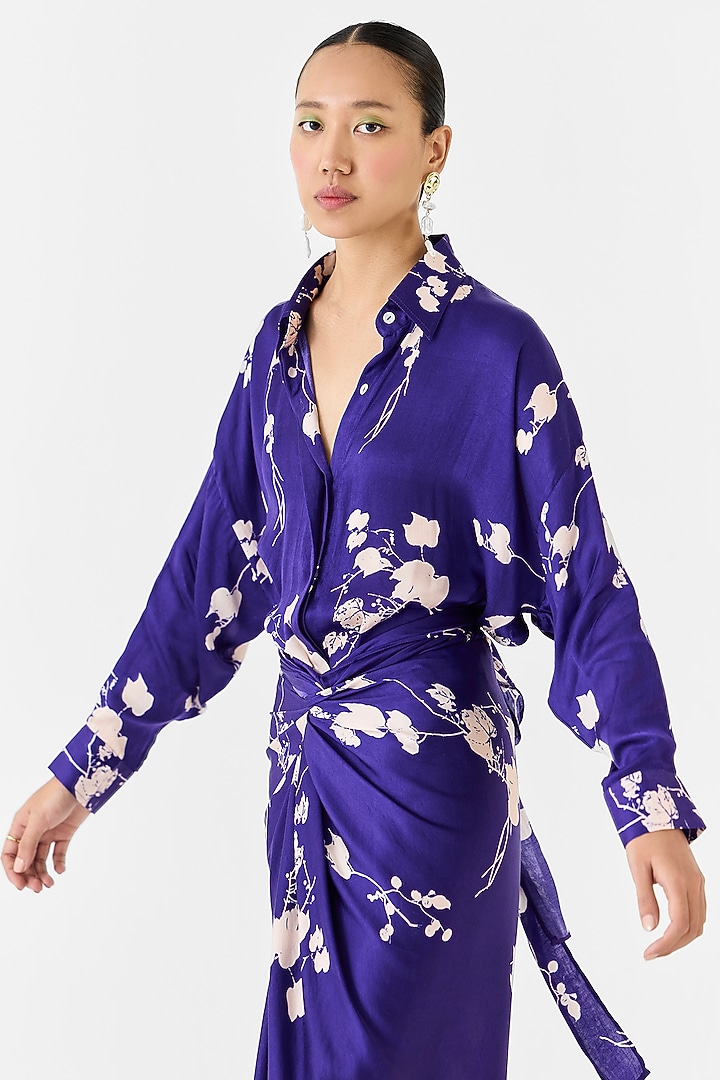 Violet Vegan Silk Shibori Digital Printed Draped Summer Shirt Dress by Studio Rigu at Pernia's Pop Up Shop
