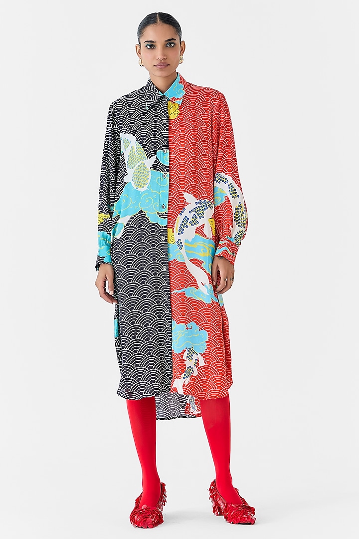 Red & Black Vegan Silk Digital Printed Shirt Dress by Studio Rigu at Pernia's Pop Up Shop