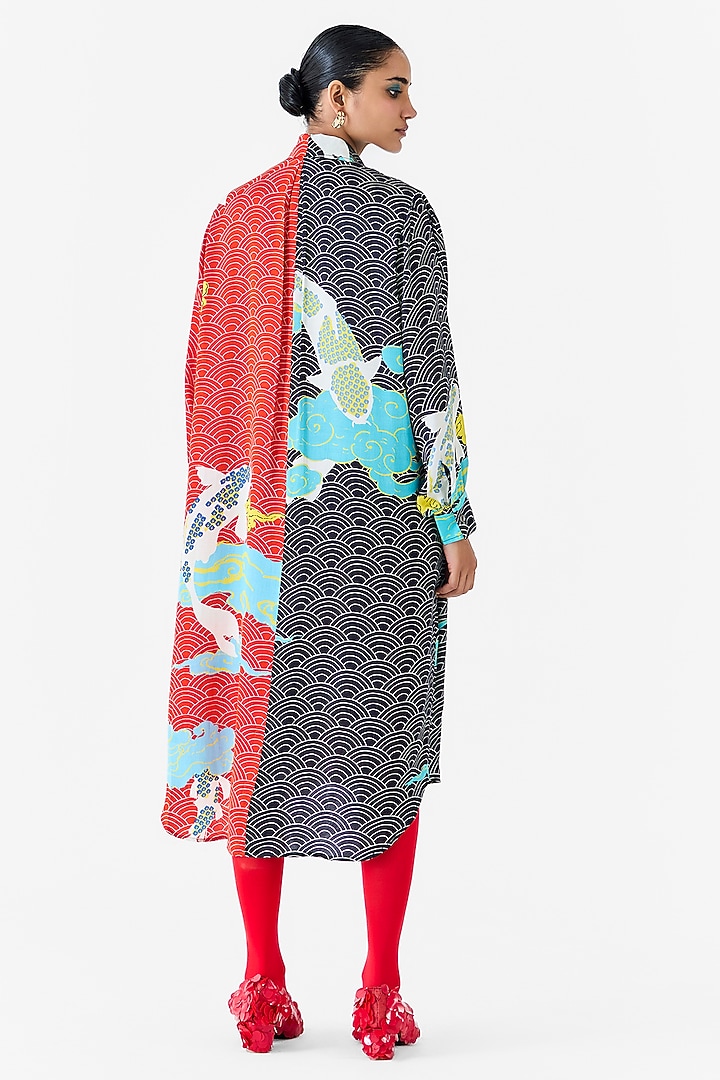 Red & Black Vegan Silk Digital Printed Vacation Shirt Dress by Studio Rigu at Pernia's Pop Up Shop