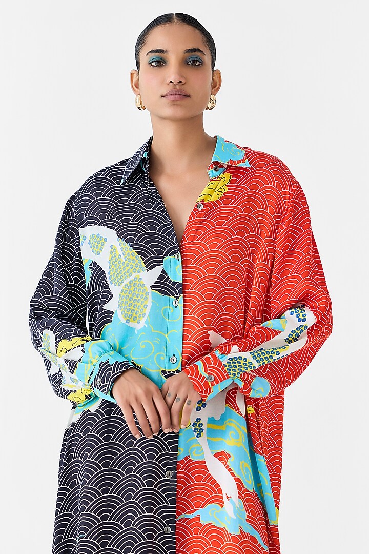 Red & Black Vegan Silk Digital Printed Vacation Shirt Dress by Studio Rigu at Pernia's Pop Up Shop