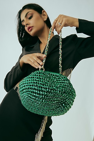 Emerald Vegan & Recycled Cotton Poly Metallic Yarn Handbag by Stushe