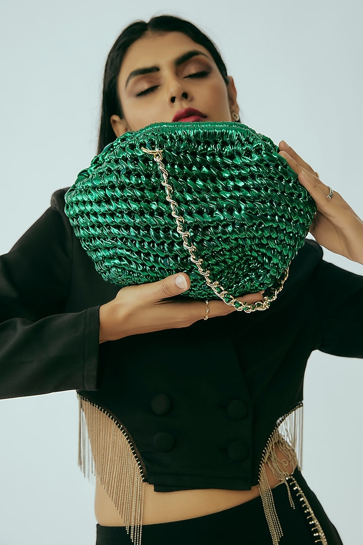 Emerald Vegan & Recycled Cotton Poly Metallic Yarn Handbag by Stushe at Pernia's Pop Up Shop