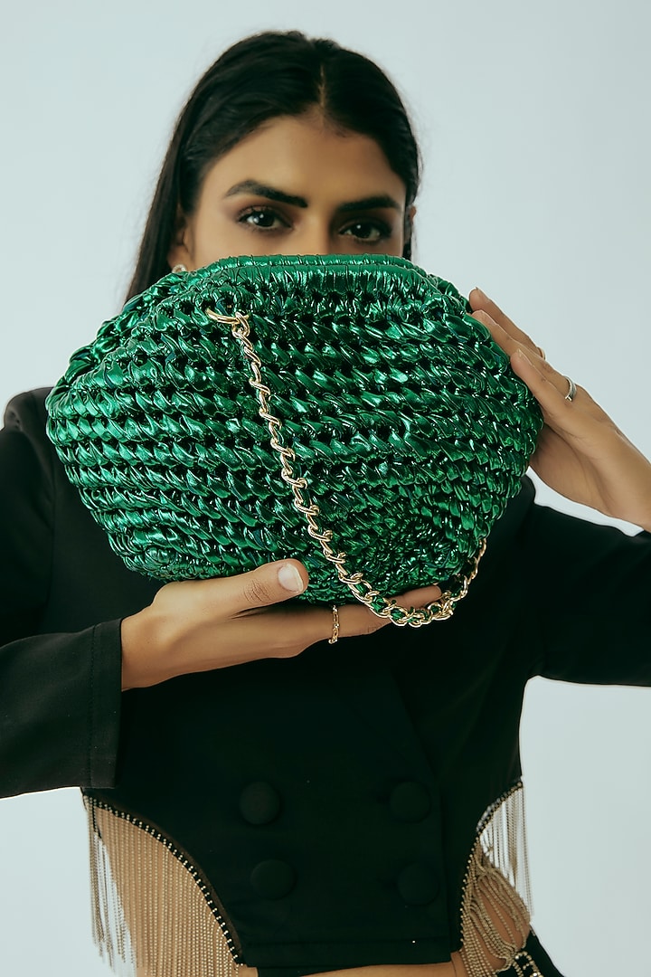Emerald Vegan & Recycled Cotton Poly Metallic Yarn Handbag by Stushe at Pernia's Pop Up Shop
