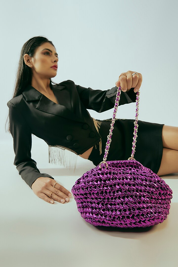 Purple Vegan & Recycled Cotton Poly Metallic Yarn Handbag by Stushe at Pernia's Pop Up Shop