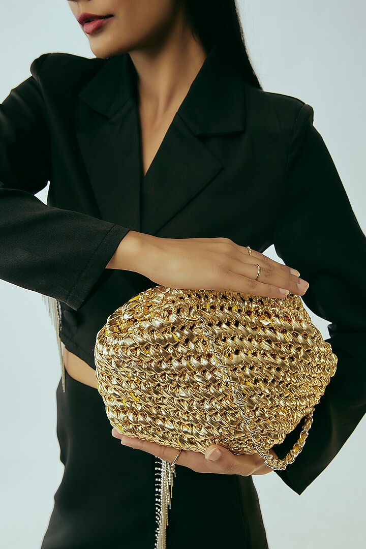 Gold Vegan & Recycled Cotton Poly Metallic Yarn Handbag by Stushe at Pernia's Pop Up Shop