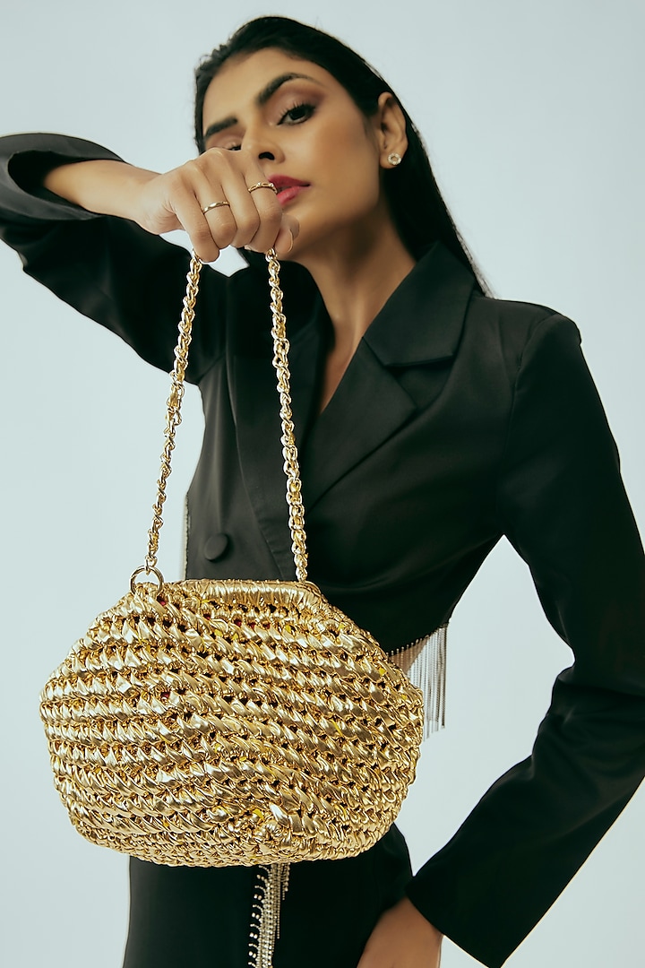 Gold Vegan & Recycled Cotton Poly Metallic Yarn Handbag by Stushe