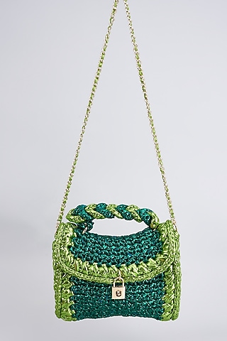Emerald Green Vegan & Recycled Cotton Poly Metallic Yarn Hand Woven Sling Bag by Stushe