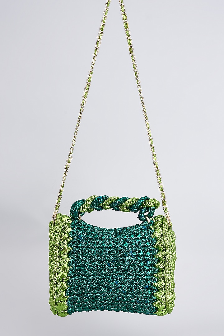 Emerald Green Vegan & Recycled Cotton Poly Metallic Yarn Hand Woven Sling Bag by Stushe at Pernia's Pop Up Shop