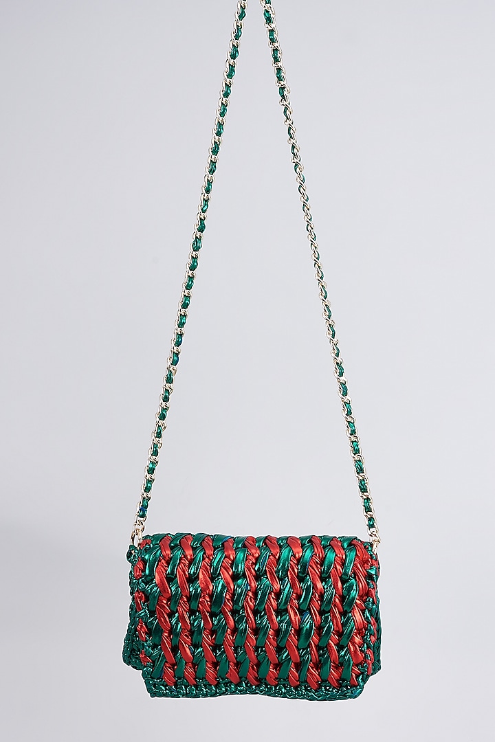 Red & Emerald Green Vegan Hand Woven Sling Bag by Stushe