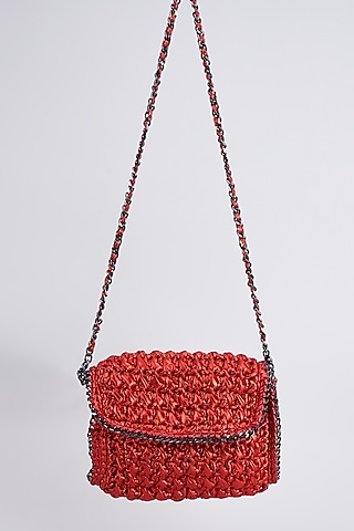 Red Vegan & Recycled Cotton Poly Metallic Yarn Hand Woven Sling Bag by Stushe