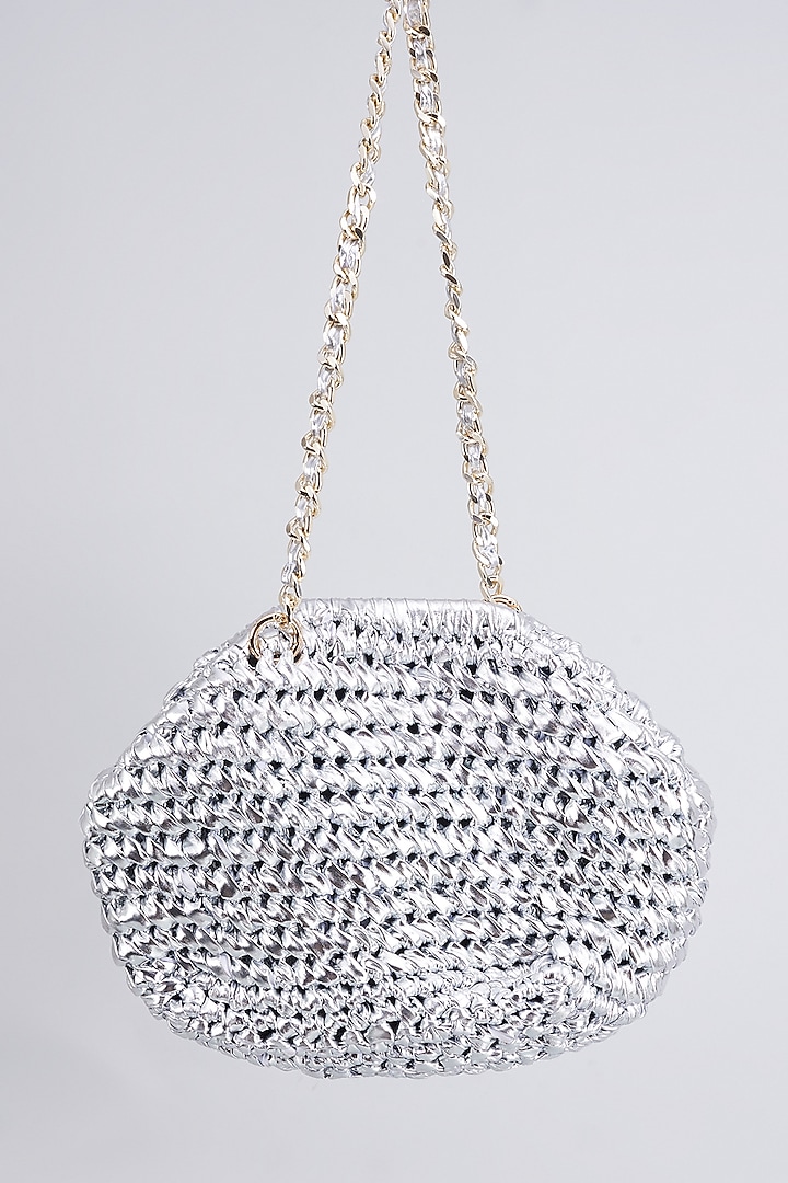 Silver Vegan & Recycled Cotton Poly Metallic Yarn Hand Woven Sling Bag by Stushe