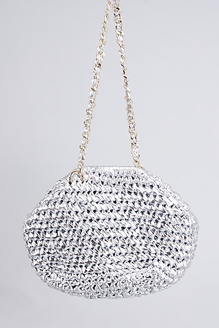 Silver Vegan & Recycled Cotton Poly Metallic Yarn Hand Woven Sling Bag by Stushe