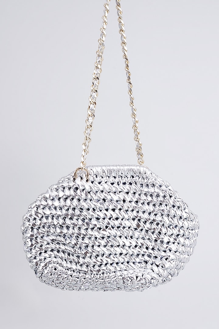 Silver Vegan & Recycled Cotton Poly Metallic Yarn Hand Woven Sling Bag by Stushe at Pernia's Pop Up Shop
