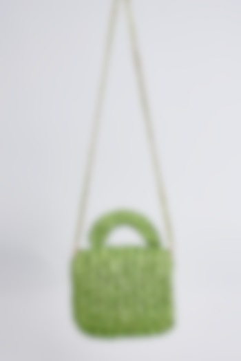 Parrot Green Vegan & Recycled Cotton Poly Metallic Yarn Hand Woven Sling Bag by Stushe