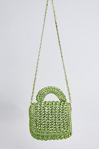 Parrot Green Vegan & Recycled Cotton Poly Metallic Yarn Hand Woven Sling Bag by Stushe
