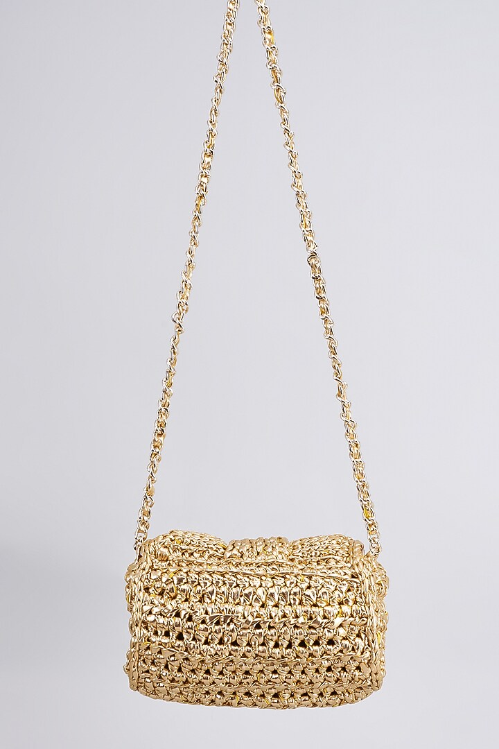 Golden Vegan & Recycled Cotton Poly Metallic Yarn Hand Woven Sling Bag by Stushe at Pernia's Pop Up Shop