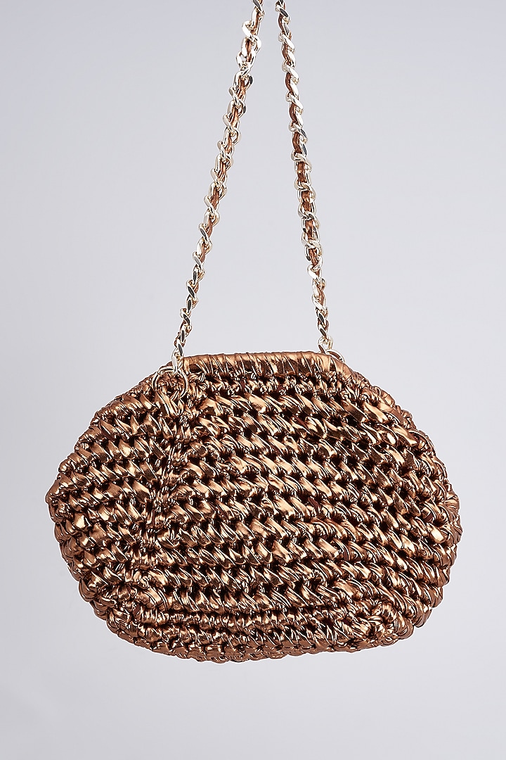 Bronze Vegan & Recycled Cotton Poly Metallic Yarn Hand Woven Sling Bag by Stushe