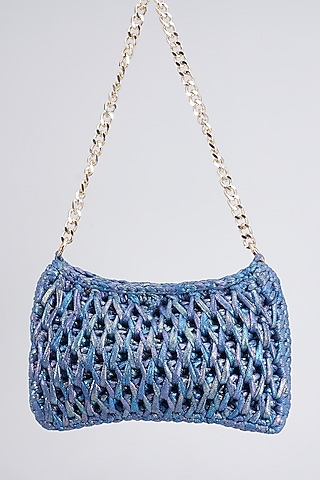 Blue Vegan & Recycled Cotton Poly Metallic Yarn Hand Woven Sling Bag by Stushe