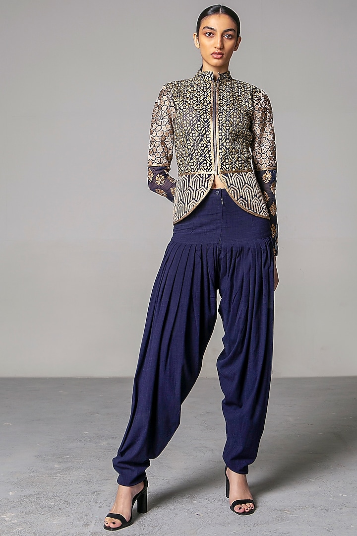 Navy Blue & Gold Embroidered Jacket by Siddartha Tytler