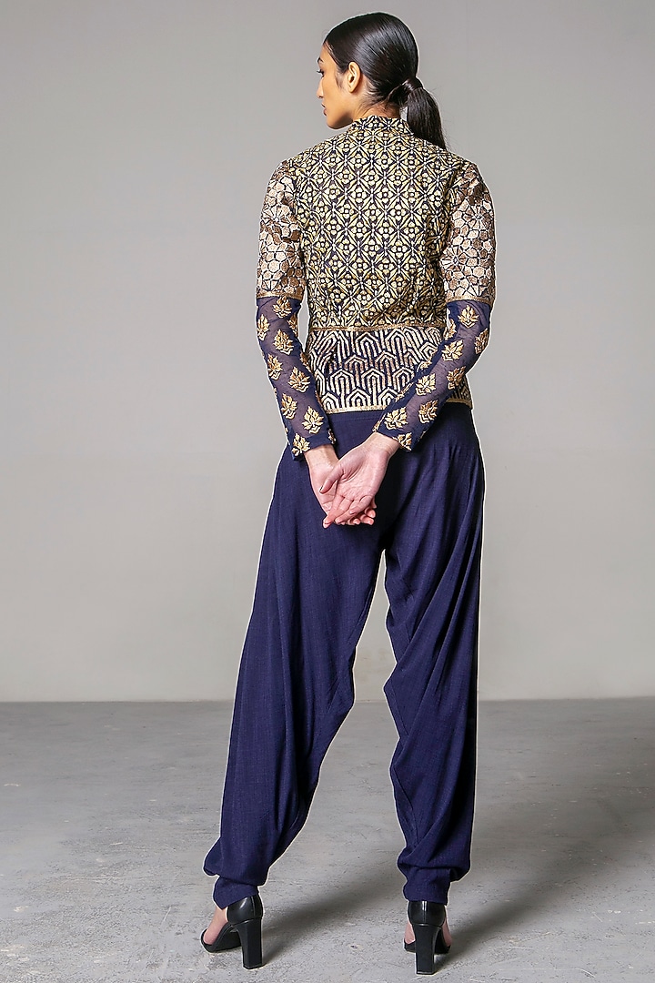Navy Blue & Gold Embroidered Jacket by Siddartha Tytler at Pernia's Pop Up Shop