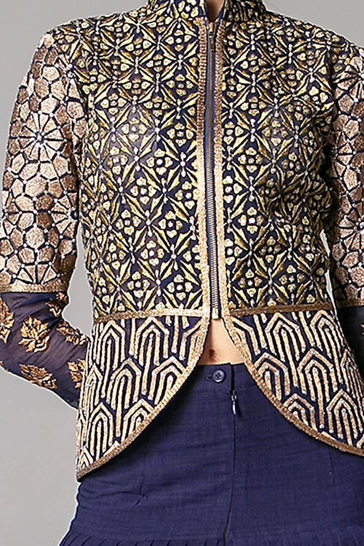 Navy Blue & Gold Embroidered Jacket by Siddartha Tytler at Pernia's Pop Up Shop