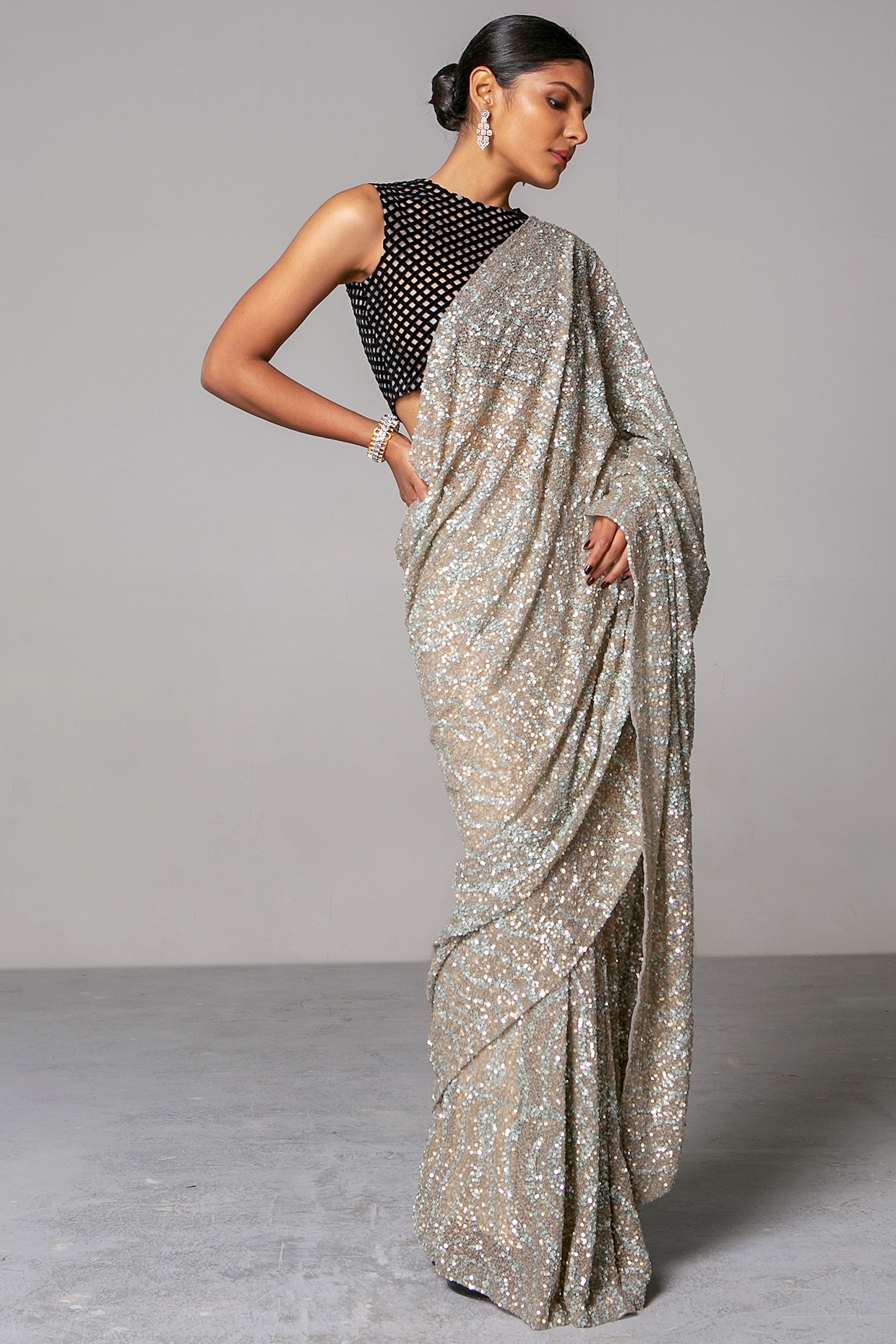 Shop Online Embroidered Black and Grey Chinon Saree : 239750 -