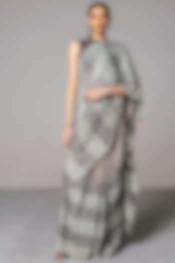 Grey & Gunmetal Striped Saree Set by Siddartha Tytler