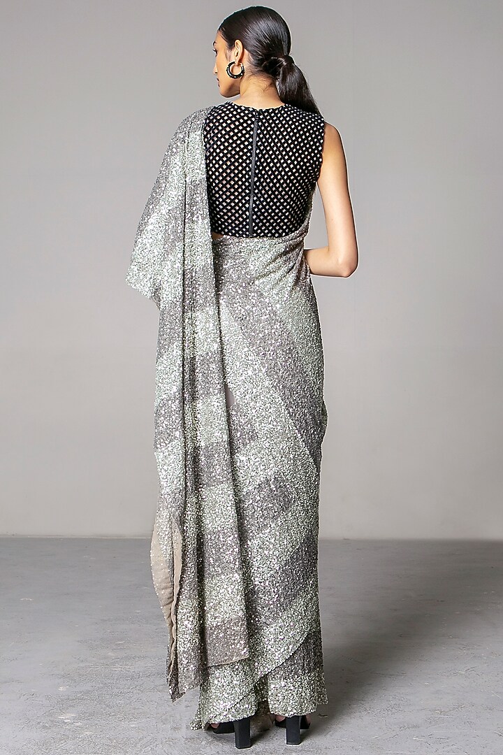 Grey & Gunmetal Striped Reception Saree Set by Siddartha Tytler at Pernia's Pop Up Shop