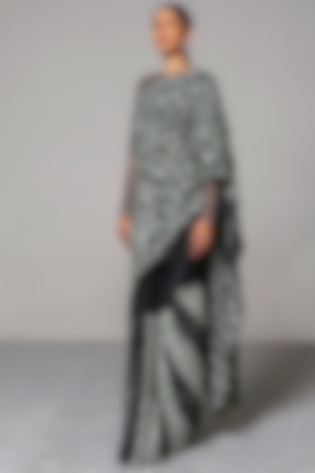 Black & Grey Striped Saree Set by Siddartha Tytler